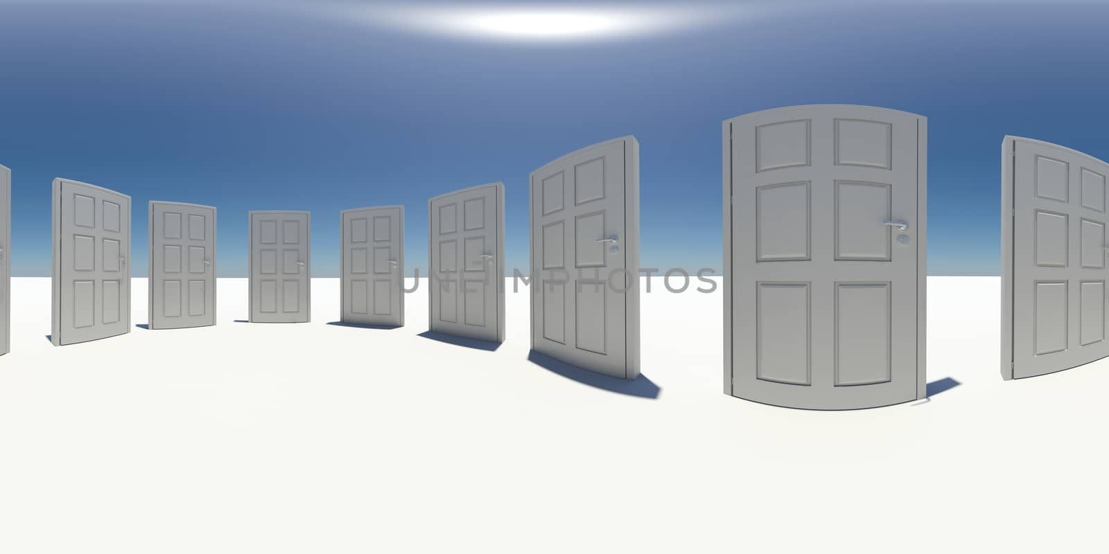 Spherical panorama of white doors. White surface. Blue sky as background