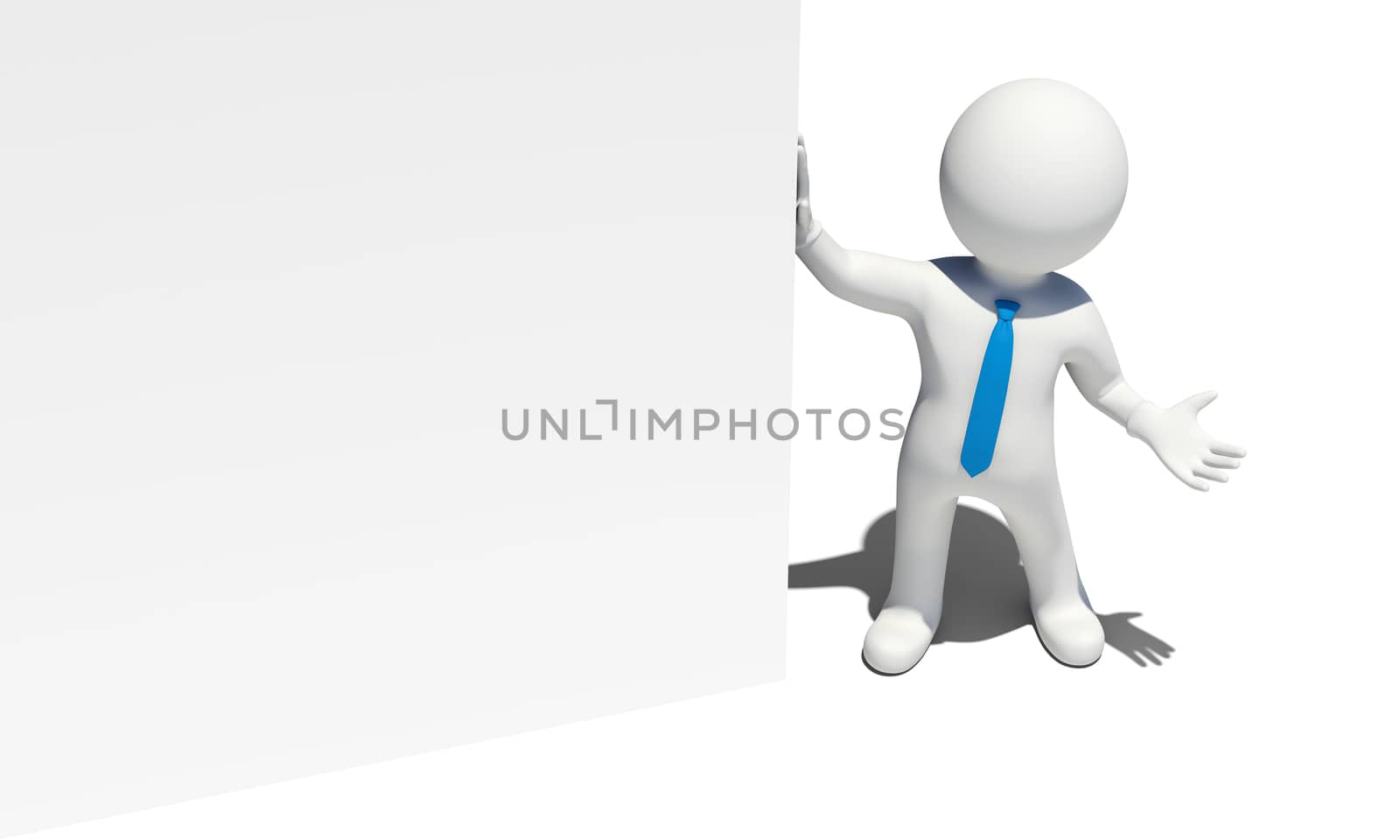 White man with blue tie holds white wall. Isolated on white background