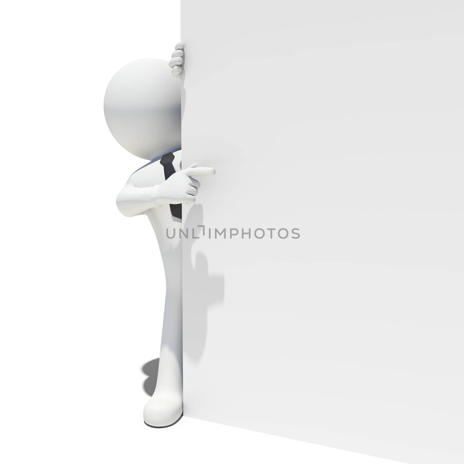 White man looks because of the white wall. Isolated on white background