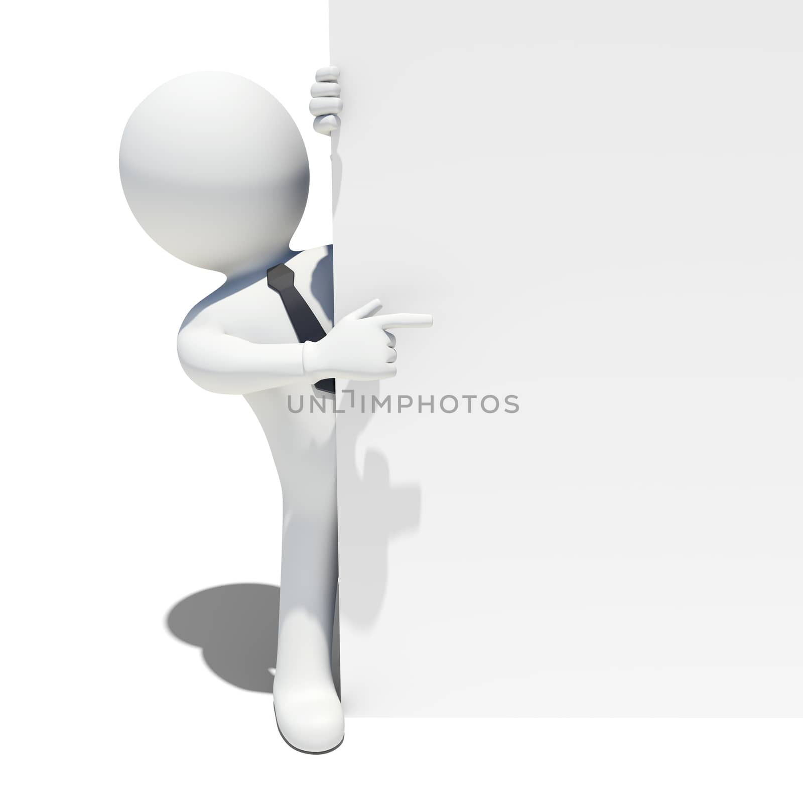 White man with back tie looks because of the white wall. Isolated on white background