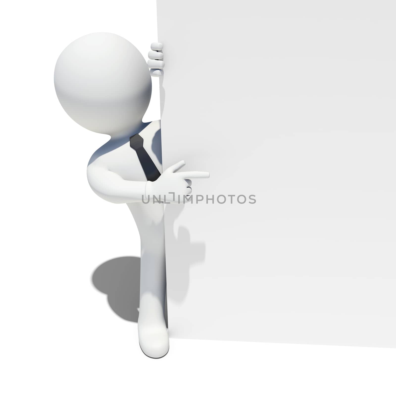 White man with back tie looks because of the white wall. Isolated on white background