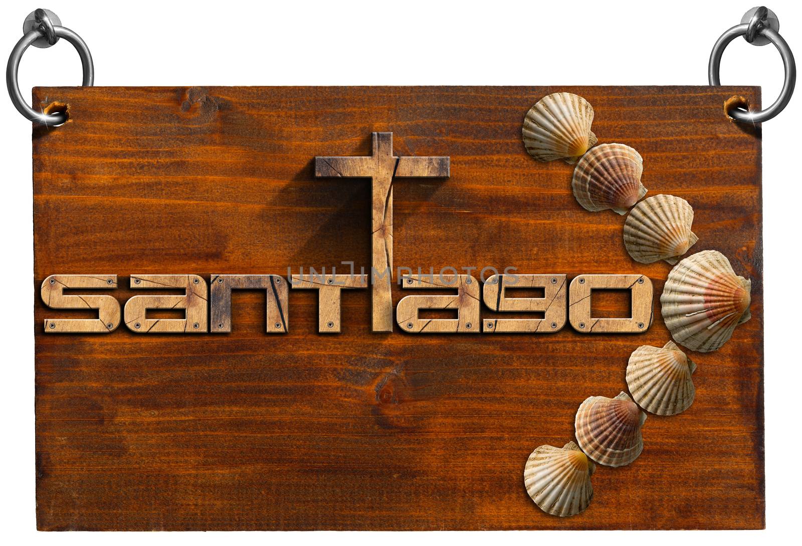 Pilgrimage wooden signboard of Santiago de Compostela with seashells (Camino de Santiago). Isolated on white background