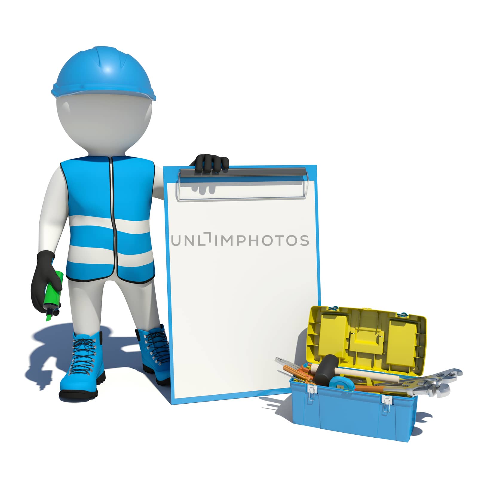 White man in special clothes, shoes and helmet holding clipboard, soft-tip pen green. Background of toolbox by cherezoff