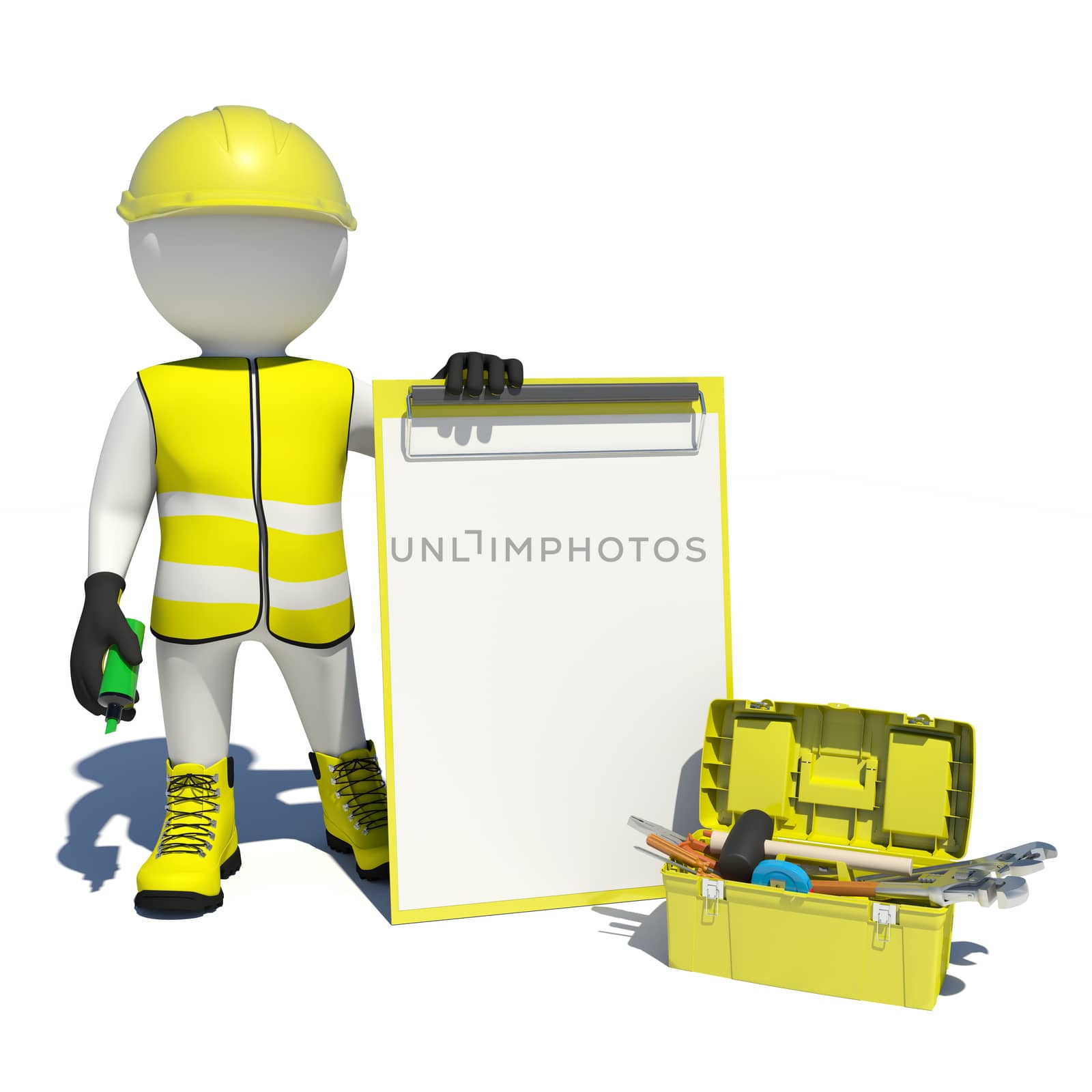 White man in special clothes, shoes and helmet holding clipboard and soft-tip pen green. Background of toolbox. Isolated on white background
