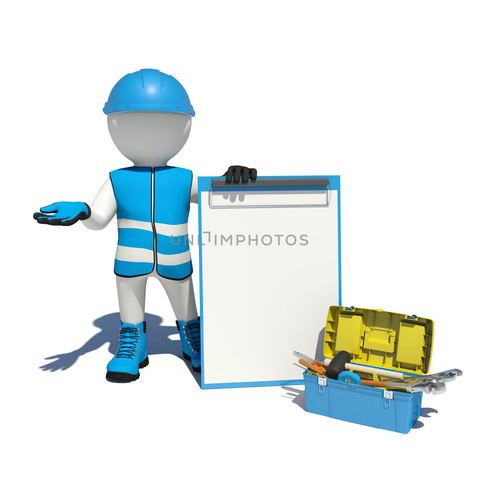 White man in special clothes, shoes and helmet holding clipboard. Background of toolbox. Isolated on white background