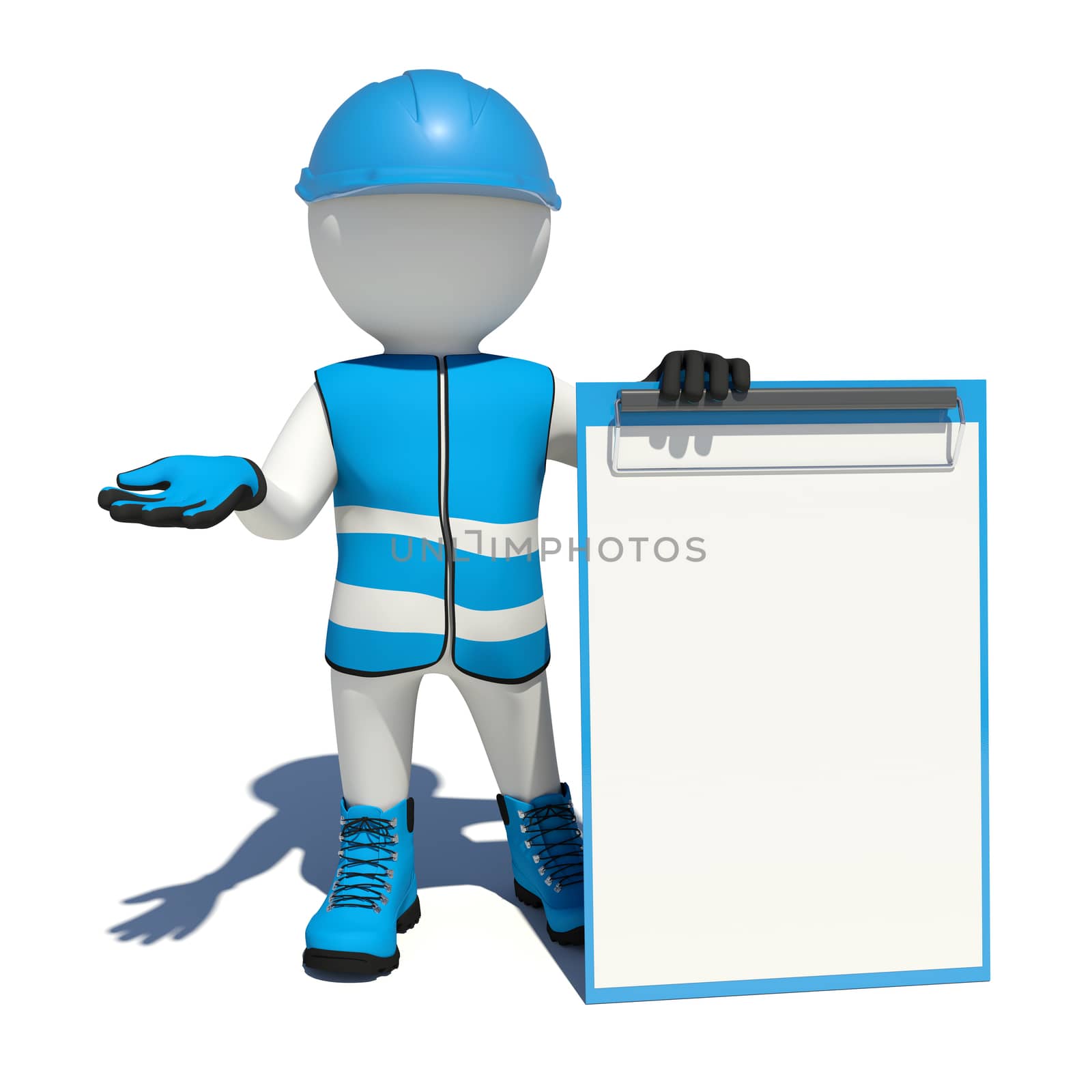 White man in special clothes, shoes and helmet holding clipboard. Isolated on white background