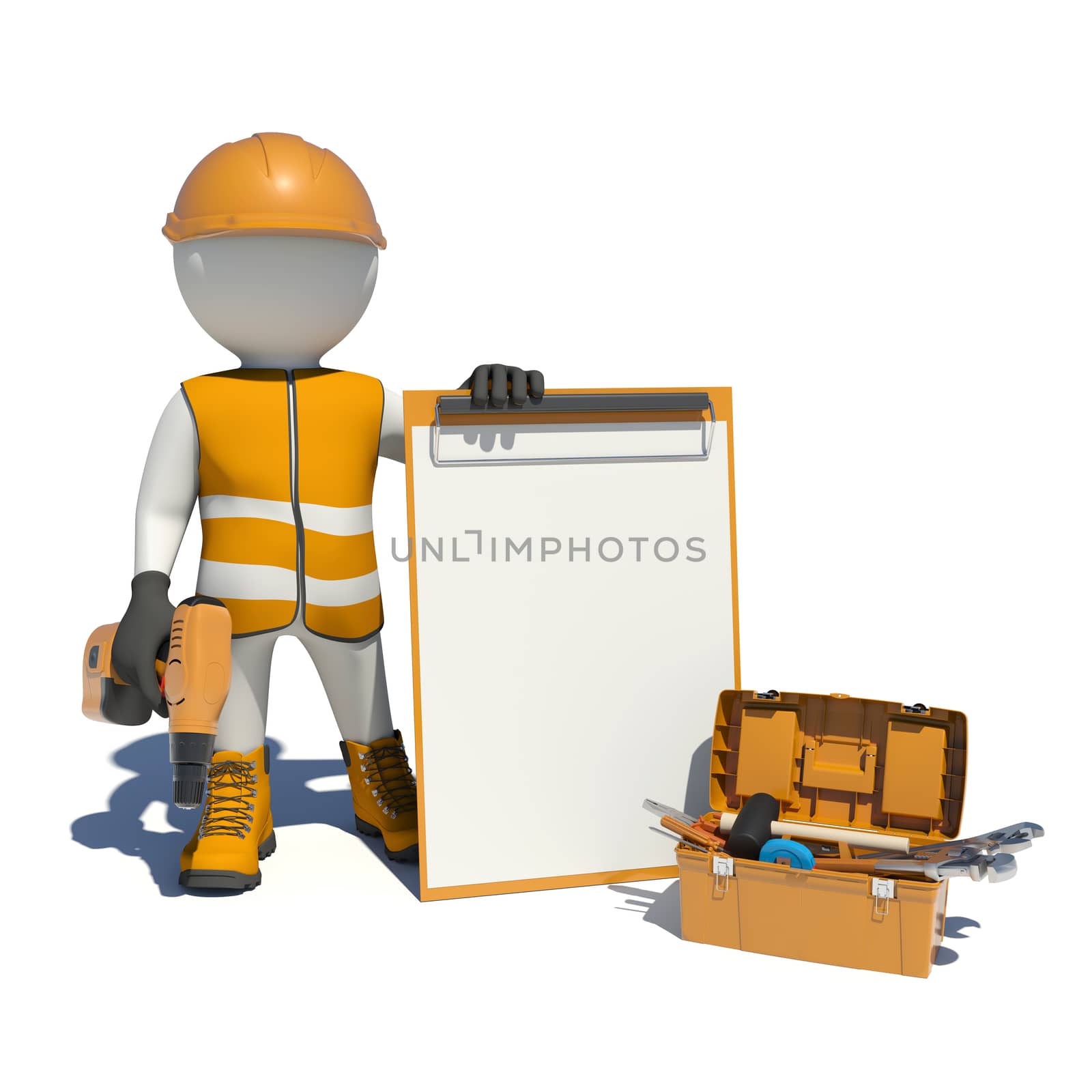 White man in special clothes, shoes and helmet holding clipboard, with hand drill. Isolated on white background. Background of toolbox. Isolated on white background