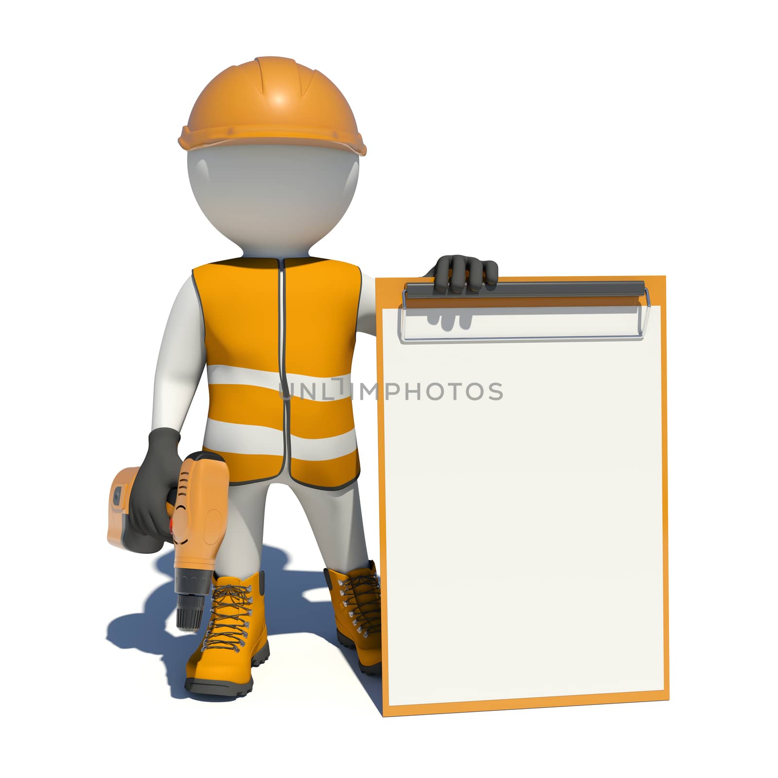 White man in special clothes, shoes and helmet holding clipboard, with hand drill. Isolated on white background