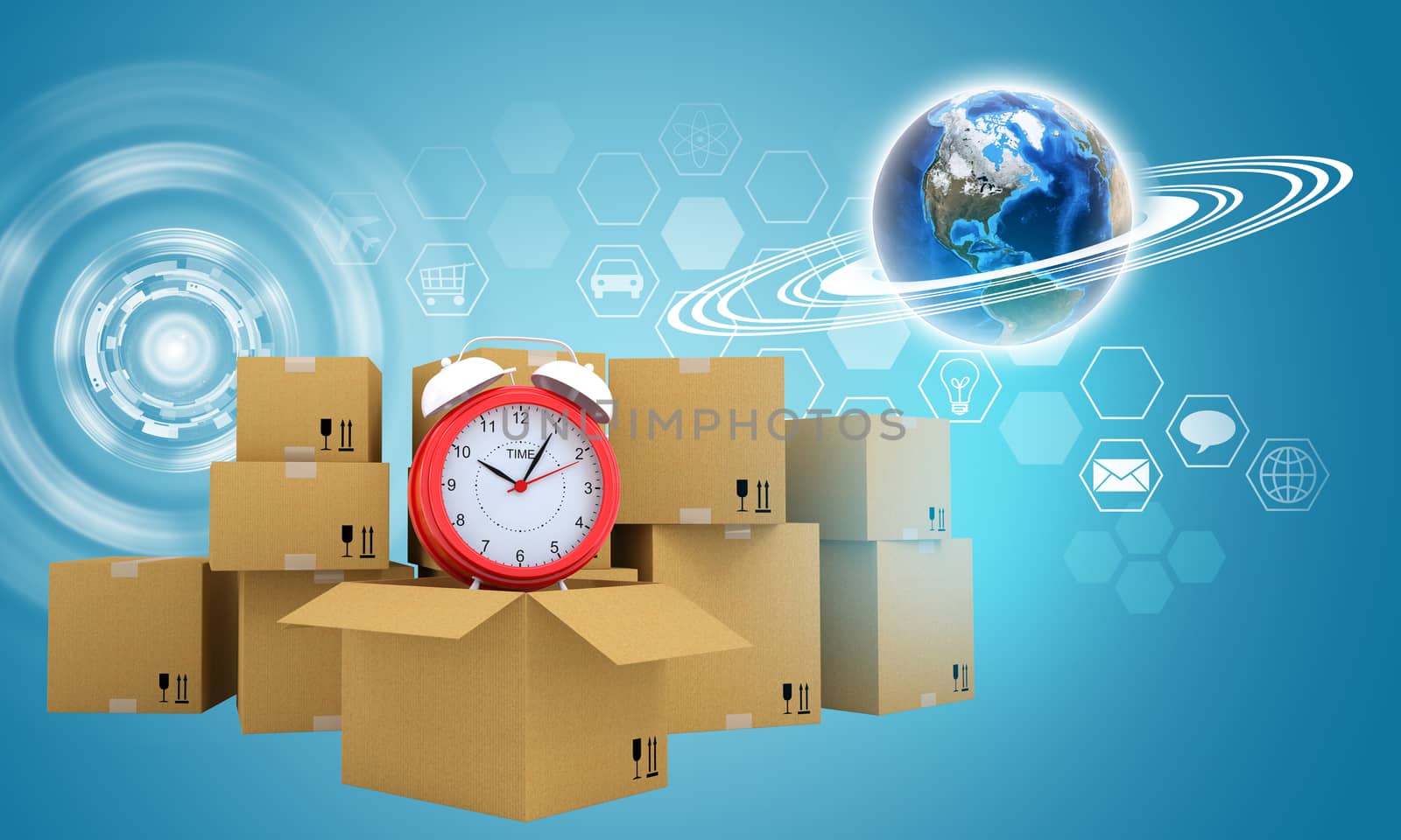Postal boxes on them alarm clock. Backdrop of earth and hexagon. Blue background. Elements of this image furnished by NASA
