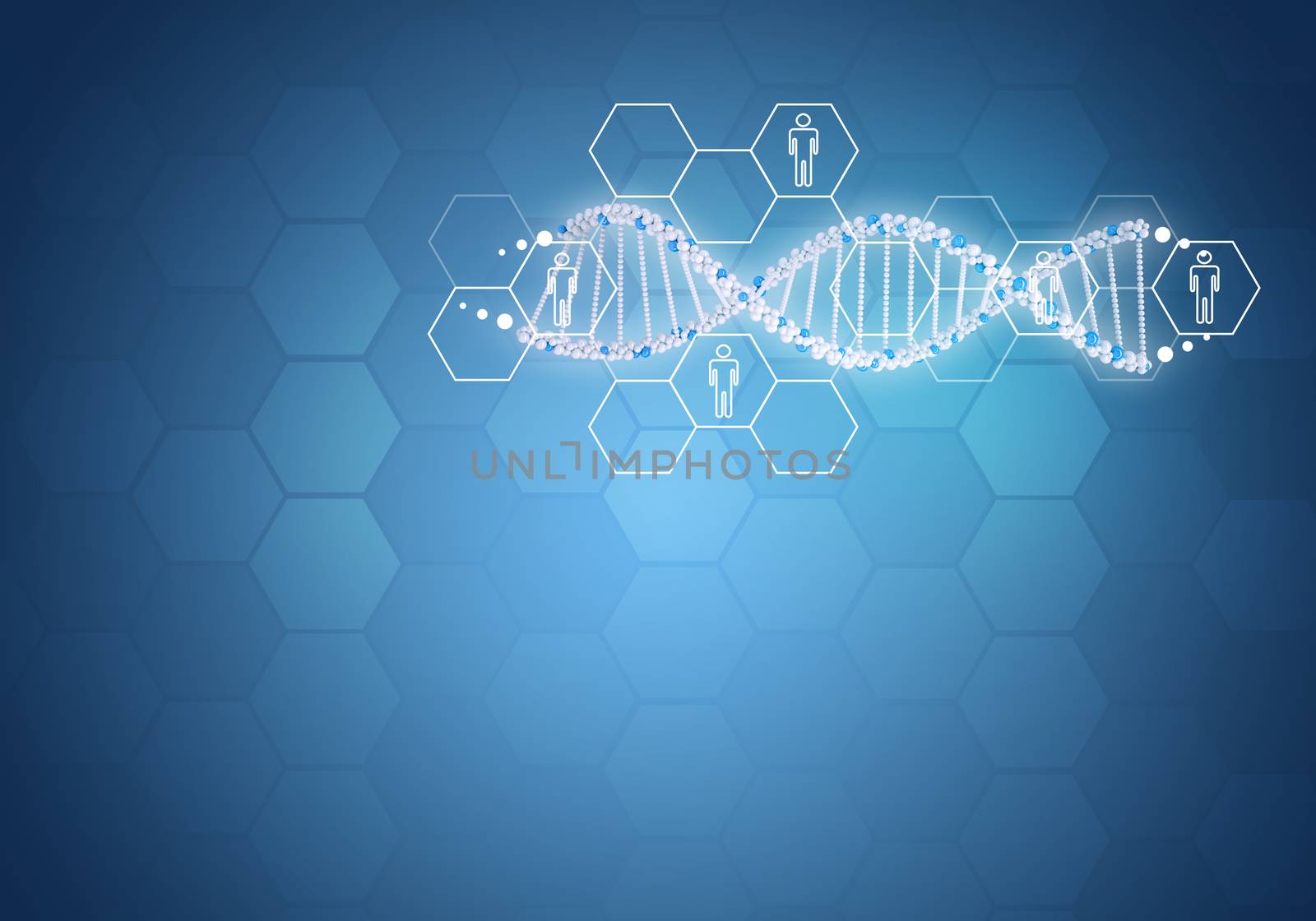 Unites all human gene DNA. Background with hexagon and information board by cherezoff