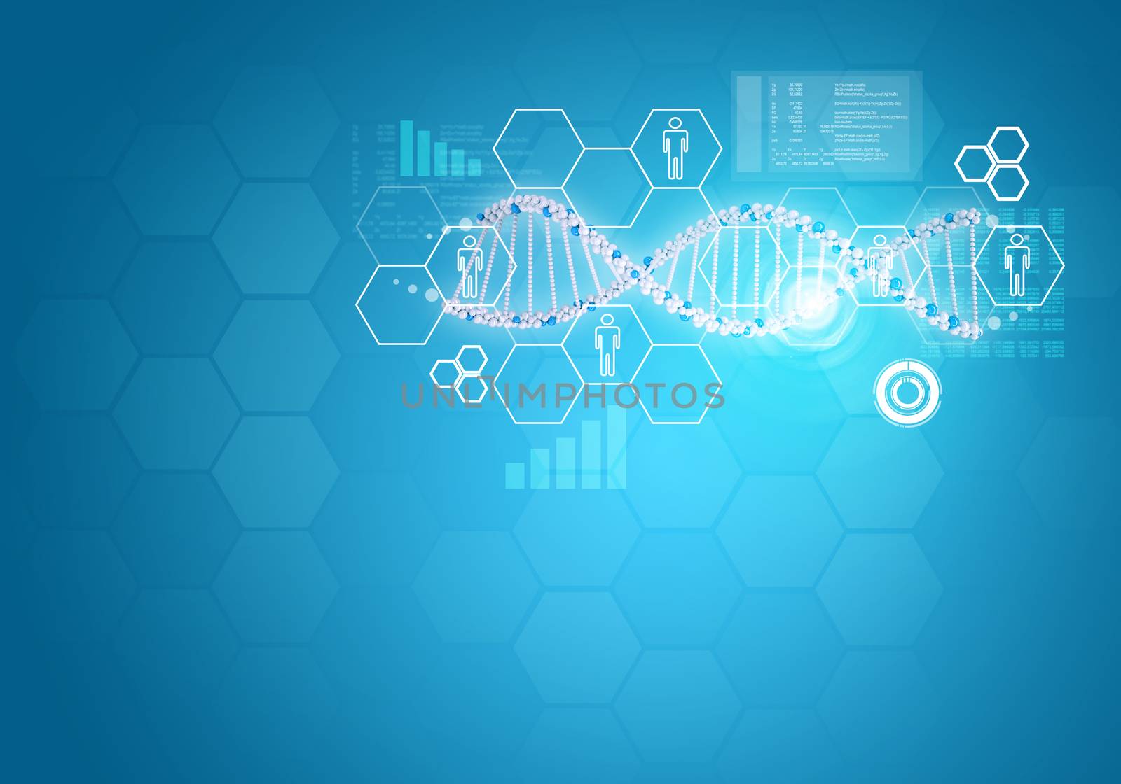 Each person has DNA. Background of white ring with hexagon and information board. Blue background