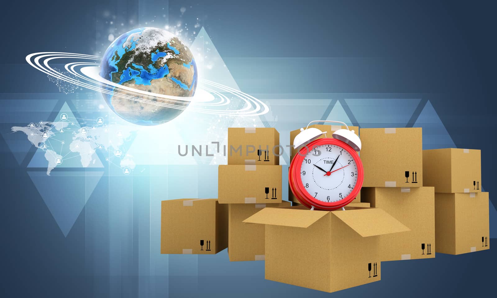 Postal boxes on them alarm clock. Backdrop of earth and triangle. Elements of this image furnished by NASA