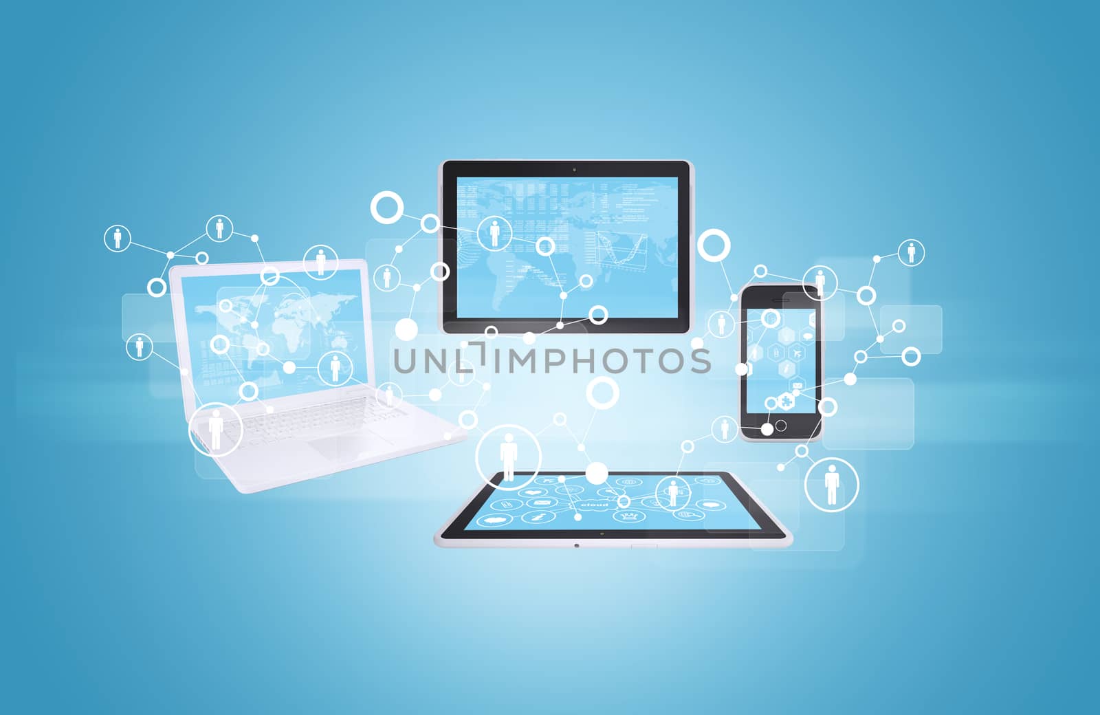 Tablet, phone and laptop connect people all over world. Blue gradient background