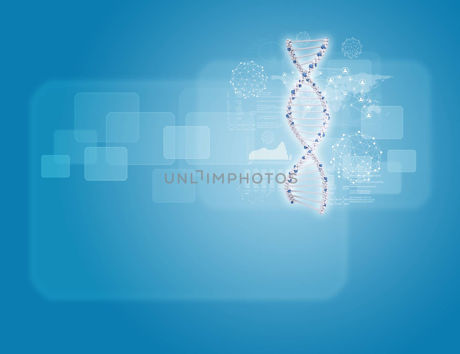 Human DNA. Background with hexagon, wire-frame and information board. Blue background