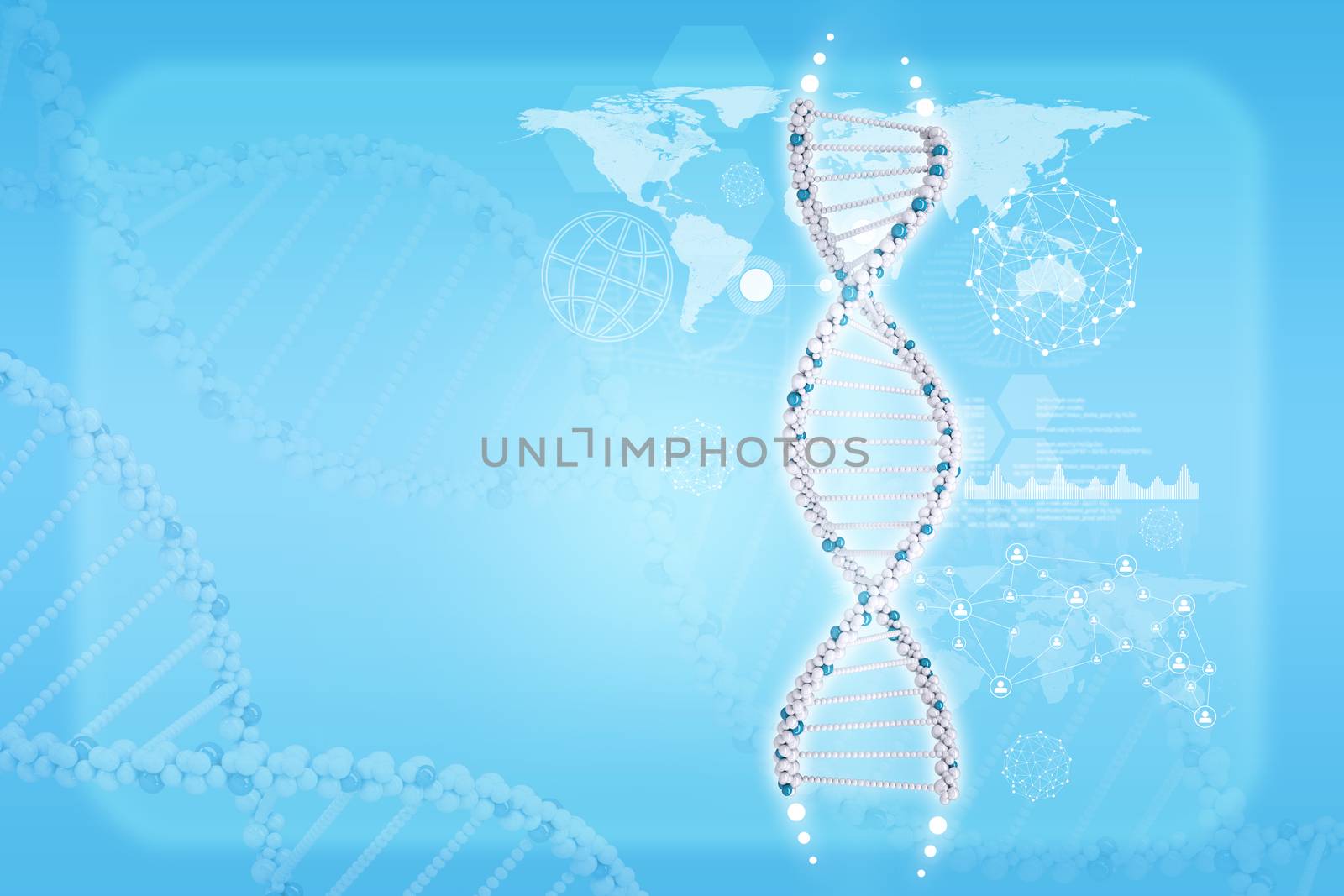 Human DNA. Background with hexagon, world map and information board. Blue background