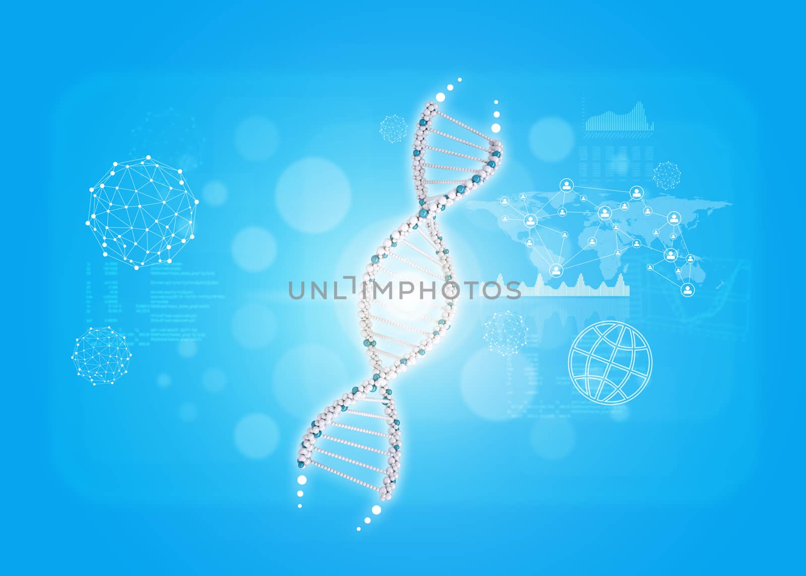 Human DNA. Background with world map, graph and wire-frame. Blue background