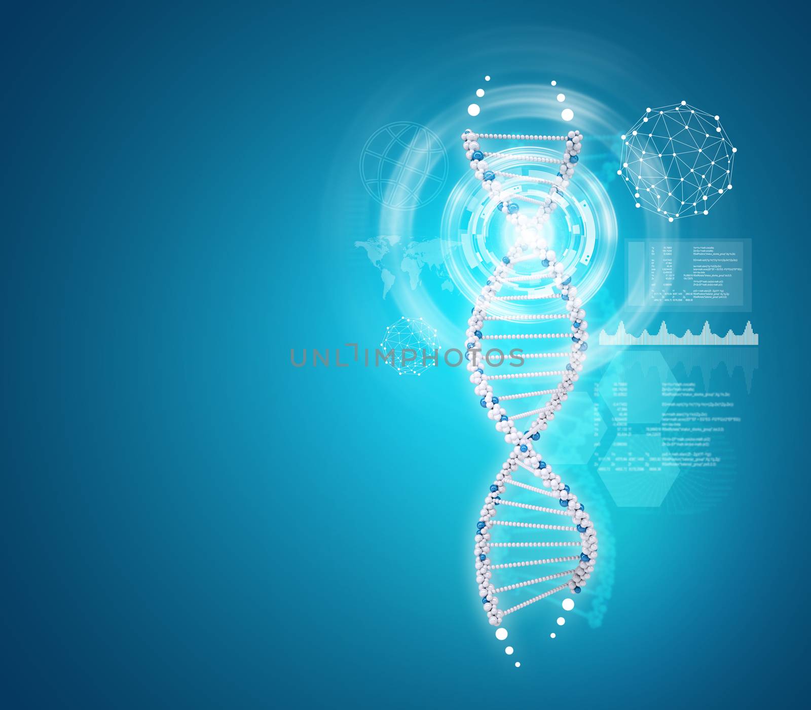 Human DNA. Background of white ring with hexagon and information board by cherezoff