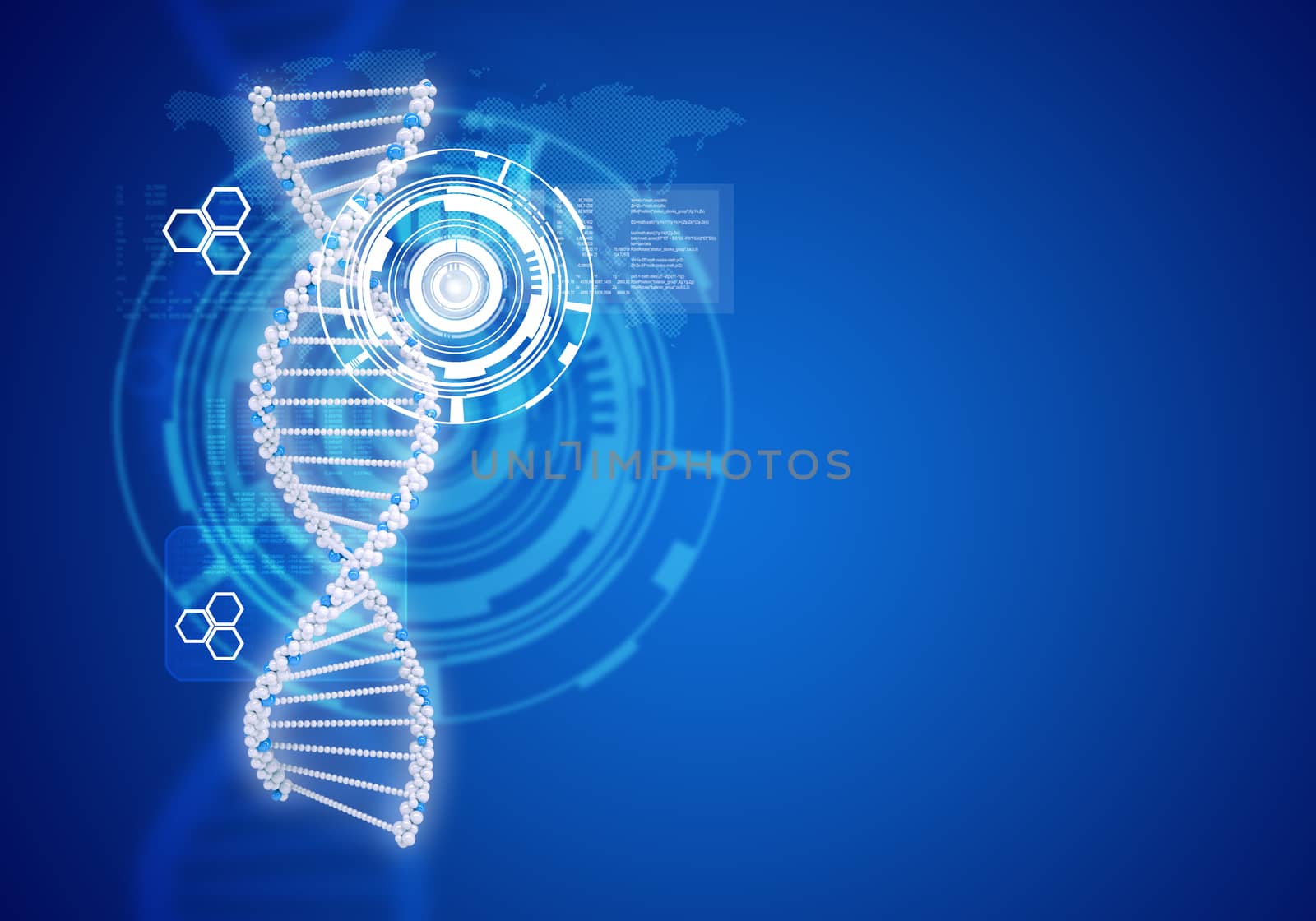 Human DNA. Background of white ring with hexagon. Blue background
