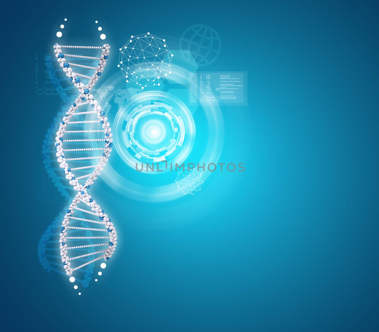 Human DNA. Background of white ring with hexagon. Blue background