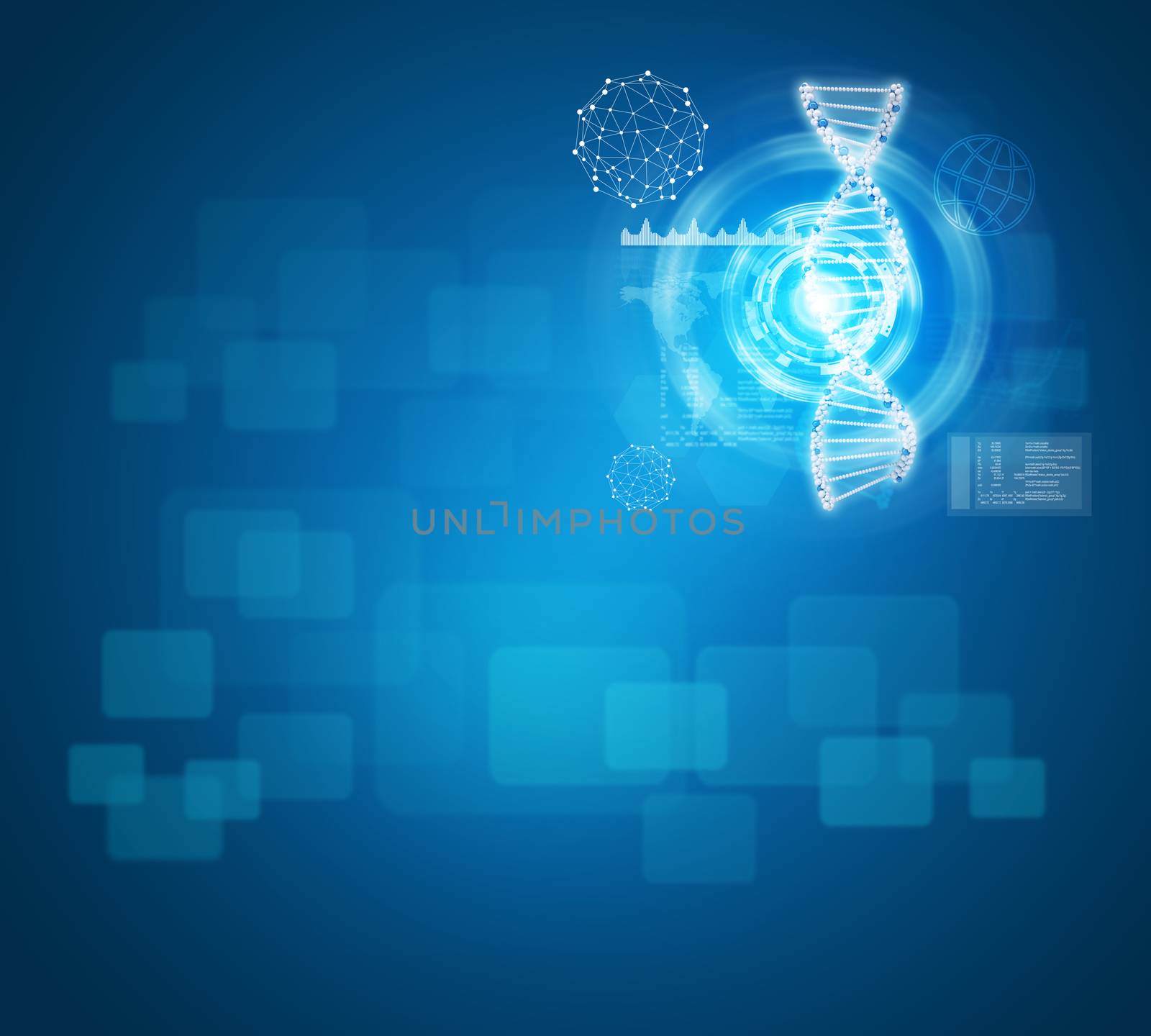 Human DNA. Background of white ring with hexagon and information board by cherezoff