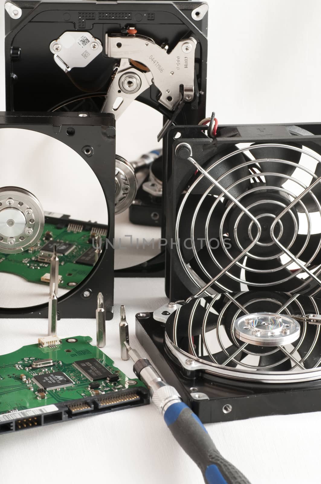 details of hard disk drive open and a fan