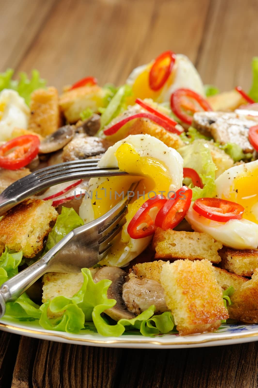 Salad Caesar with mushrooms, eggs, chili and radish with two for by Borodin