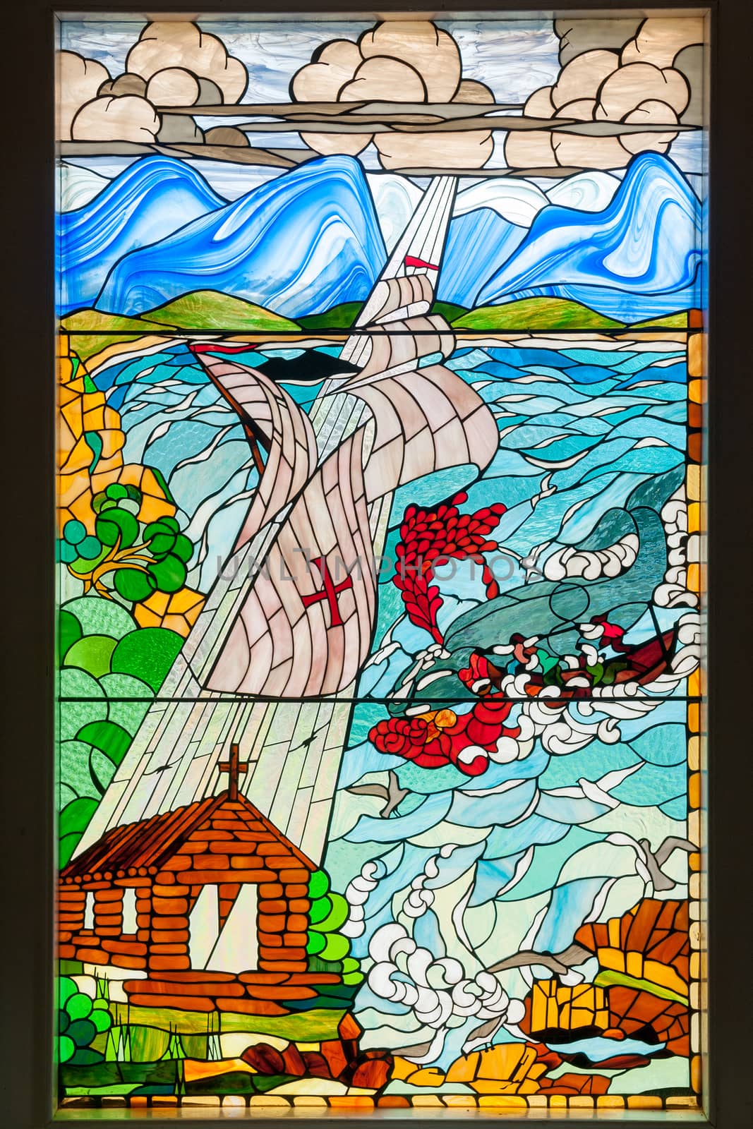 MOSSELBAY, SOUTH AFRICA - DECEMBER 30, 2014: Stained glass window at the Bartolomeu Diaz Museum. Dias arrived at the Bay of Saint Blaise, later renamed Mosselbay, on 4 February 1488