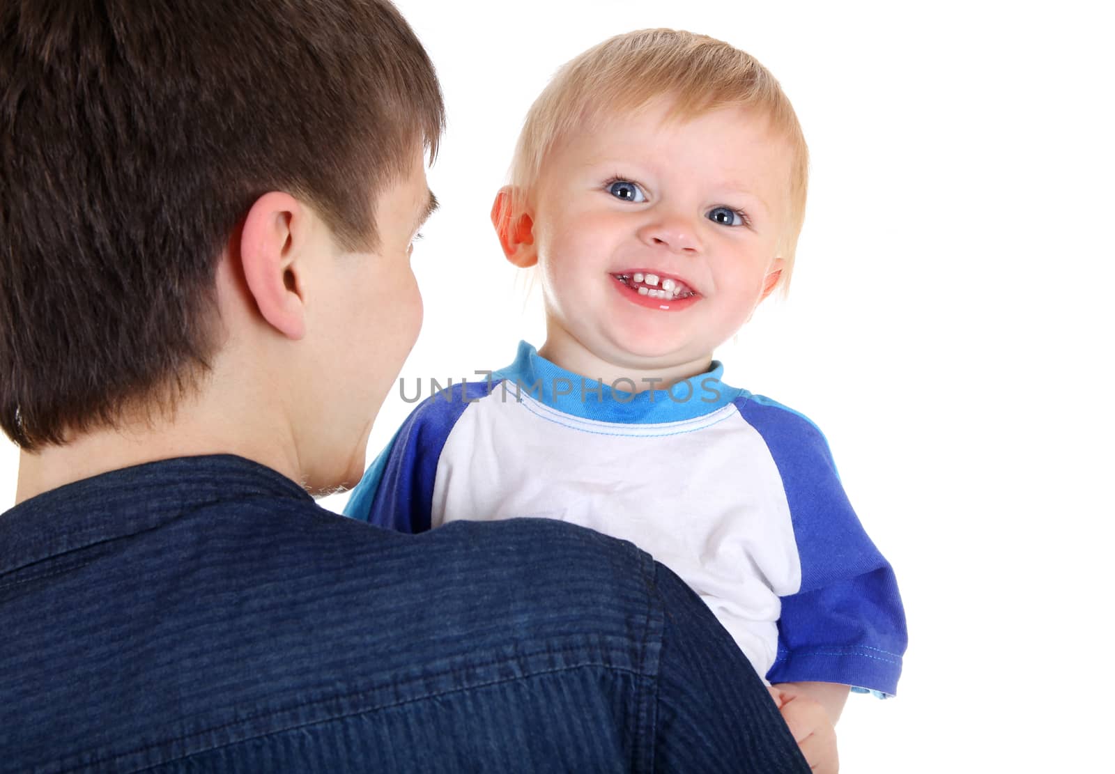 Young Father and Happy Child on the White Background