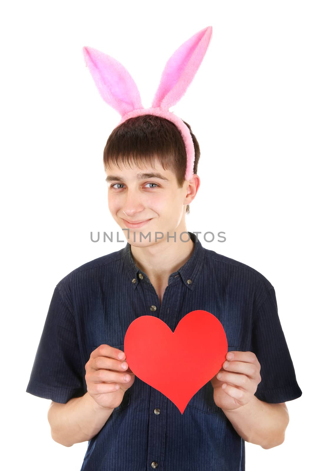 Teenager with Bunny Ears and Red Heart Shape on the White Background