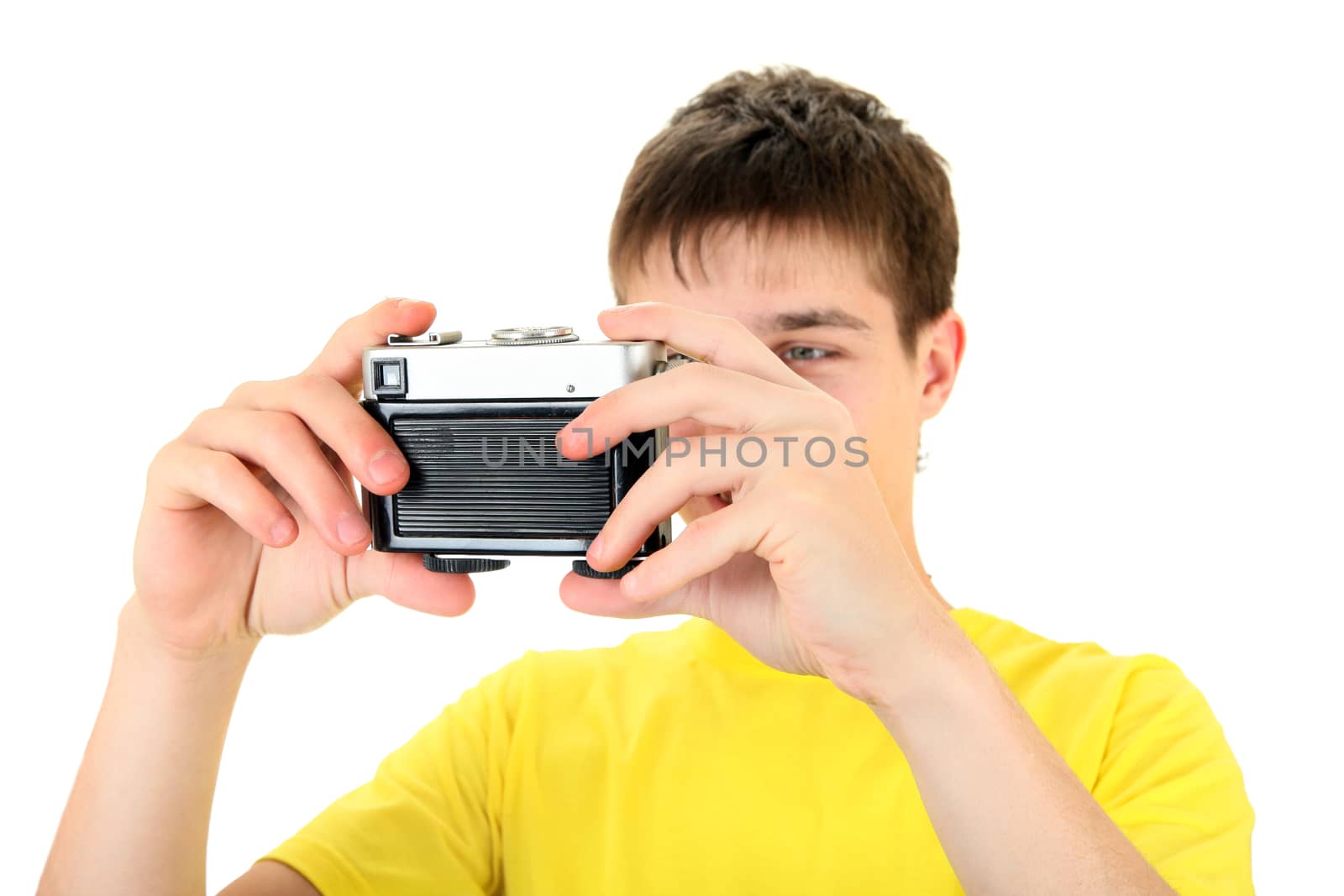 Teenager take a Self Portrait with Vintage Photo Camera on the White Background