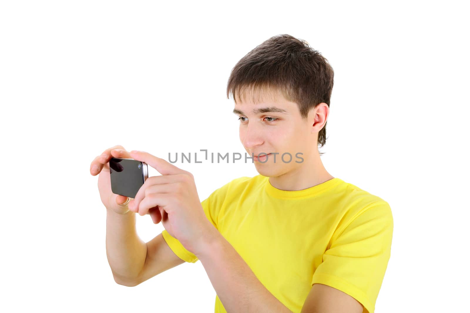 Teenager Take a Picture with a Cellphone on the White Background