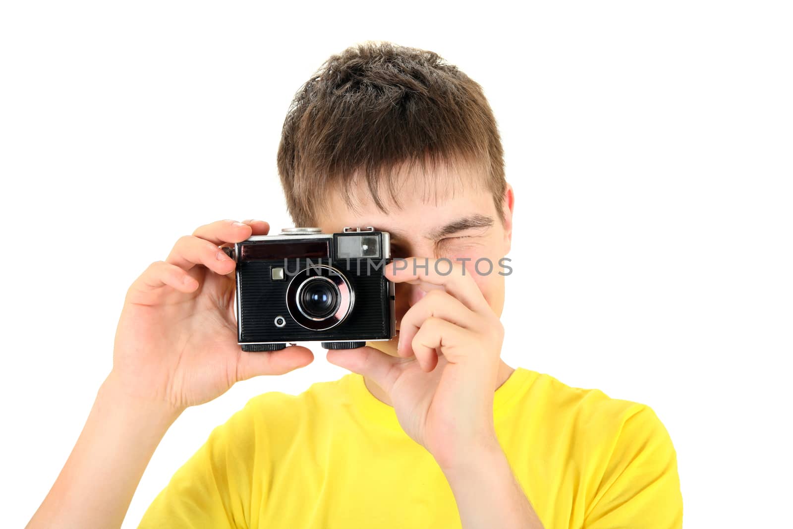 Teenager Take a Picture with Vintage Photo Camera Isolated on the White