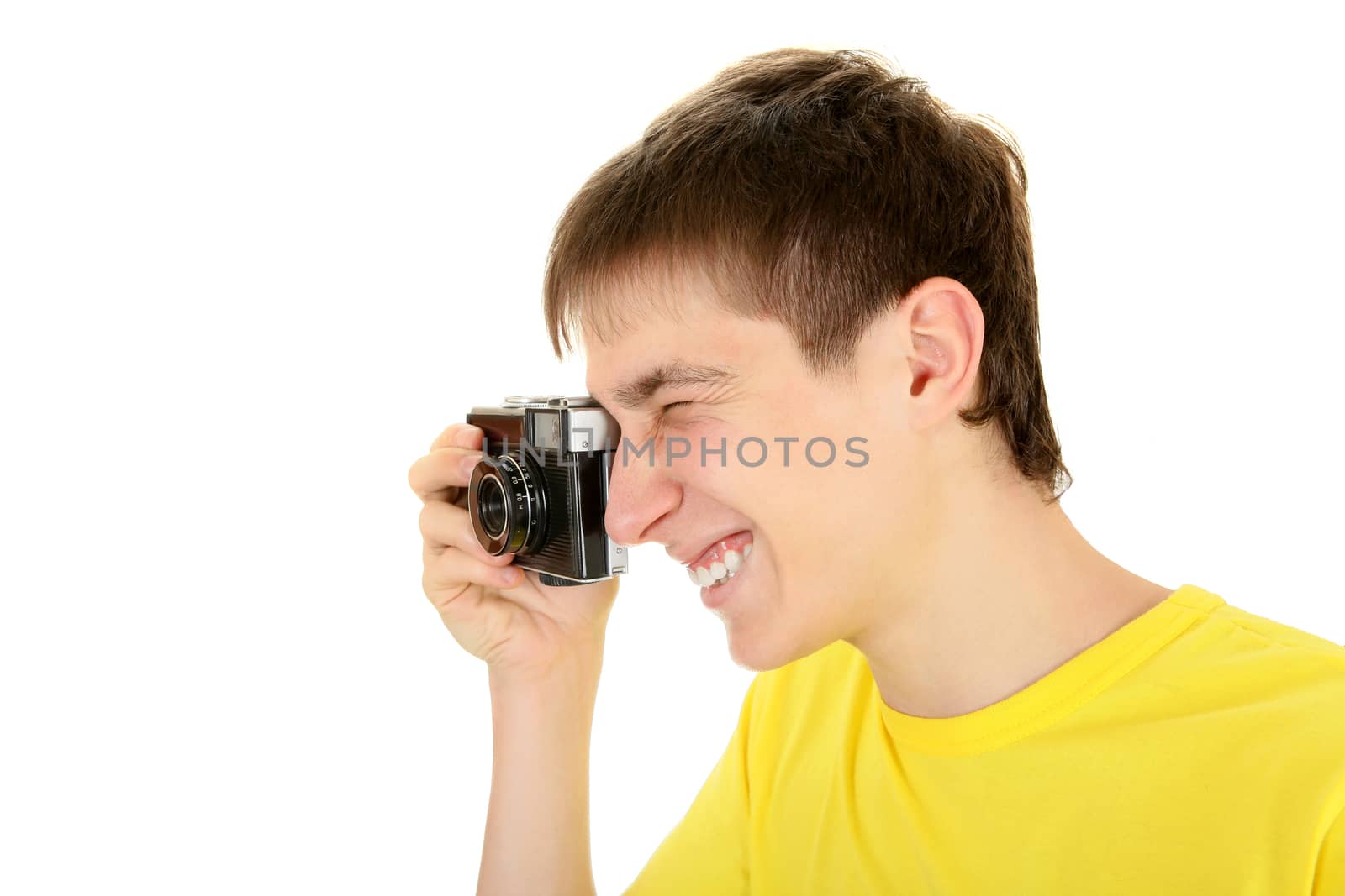 Teenager Take a Picture with Vintage Photo Camera Isolated on the White