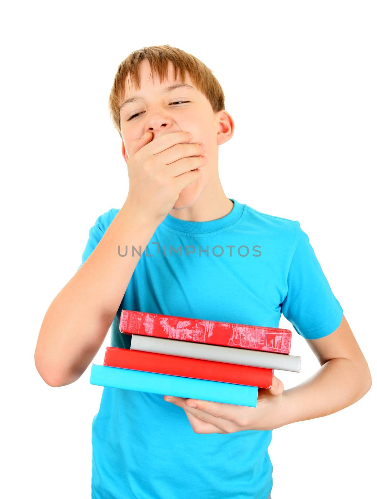 Bored Kid with the Books Isolated on the White Background