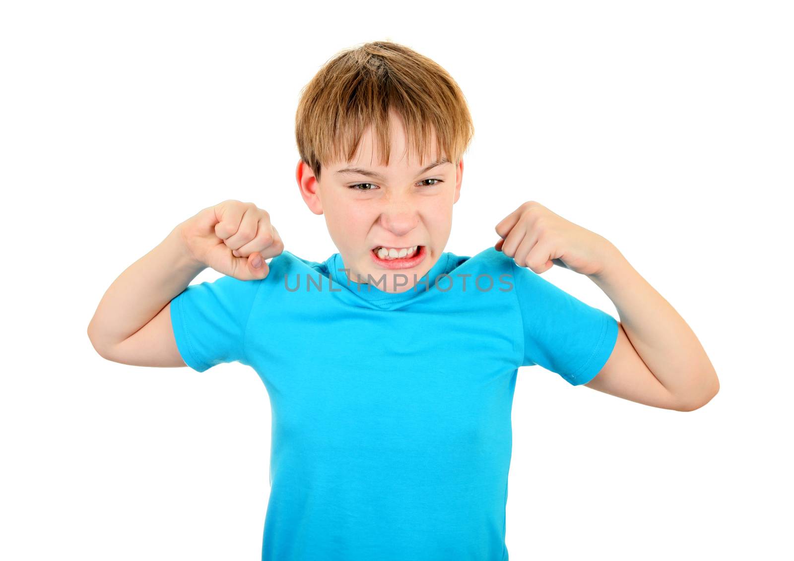 Angry Kid Muscle Flexing Isolated on the White Background