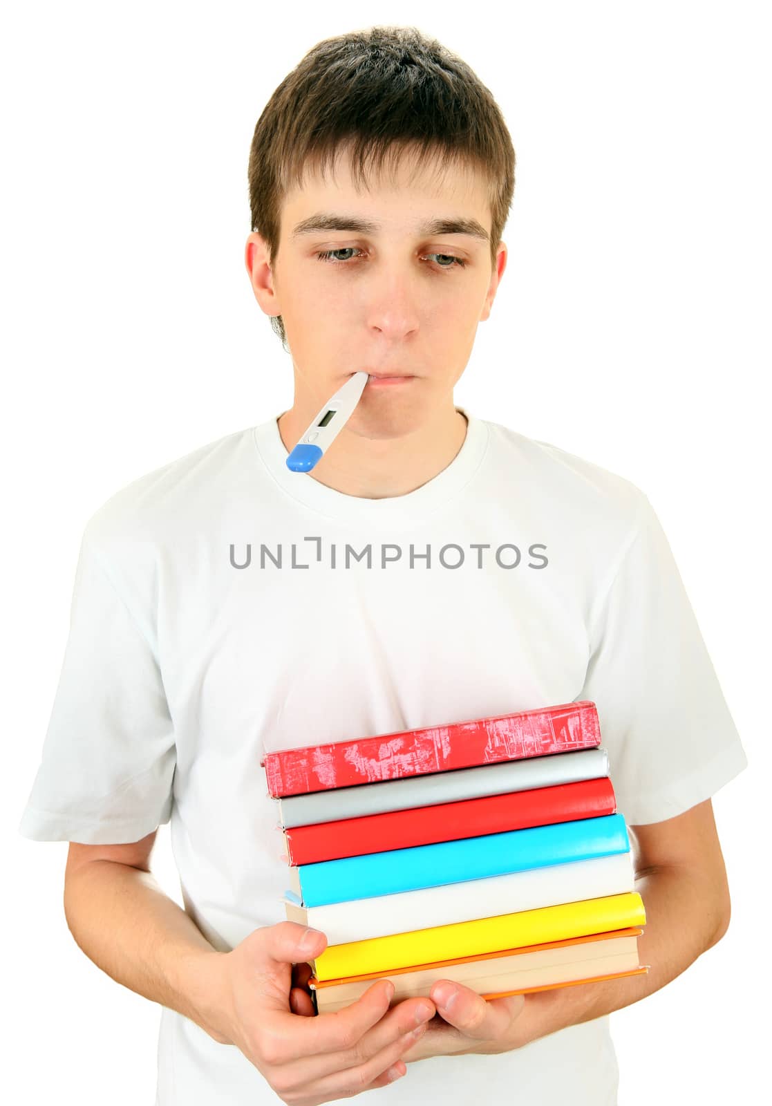 Sad and Sick Teenager with Thermometer and Books on the White Background