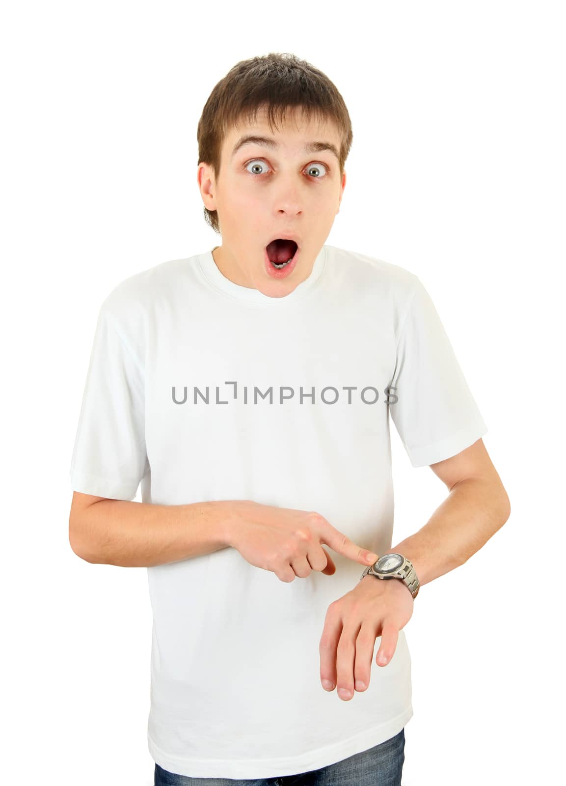 Surprised Teenager with the Watch Isolated on the White Background