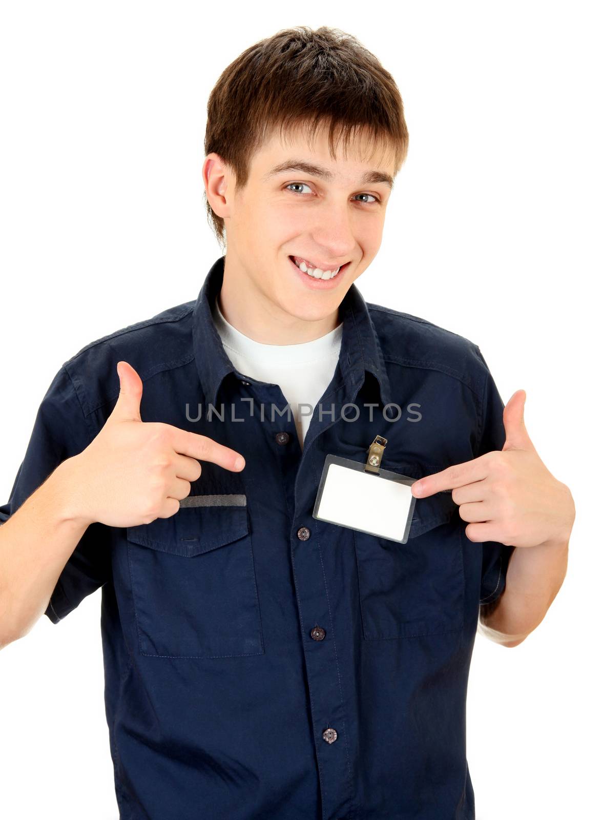 Happy Teenager with Blank Badge on the Shirt on the White Background