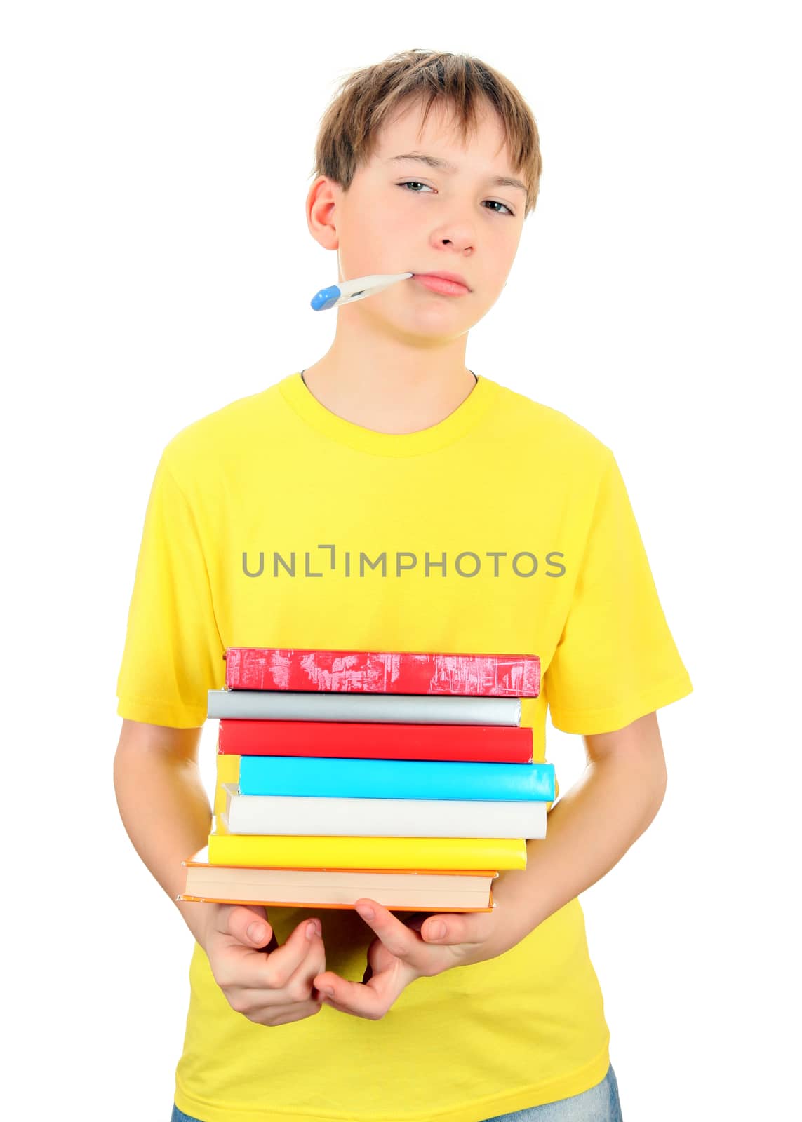 Sad and Sick Schoolboy with Thermometer on the White Background