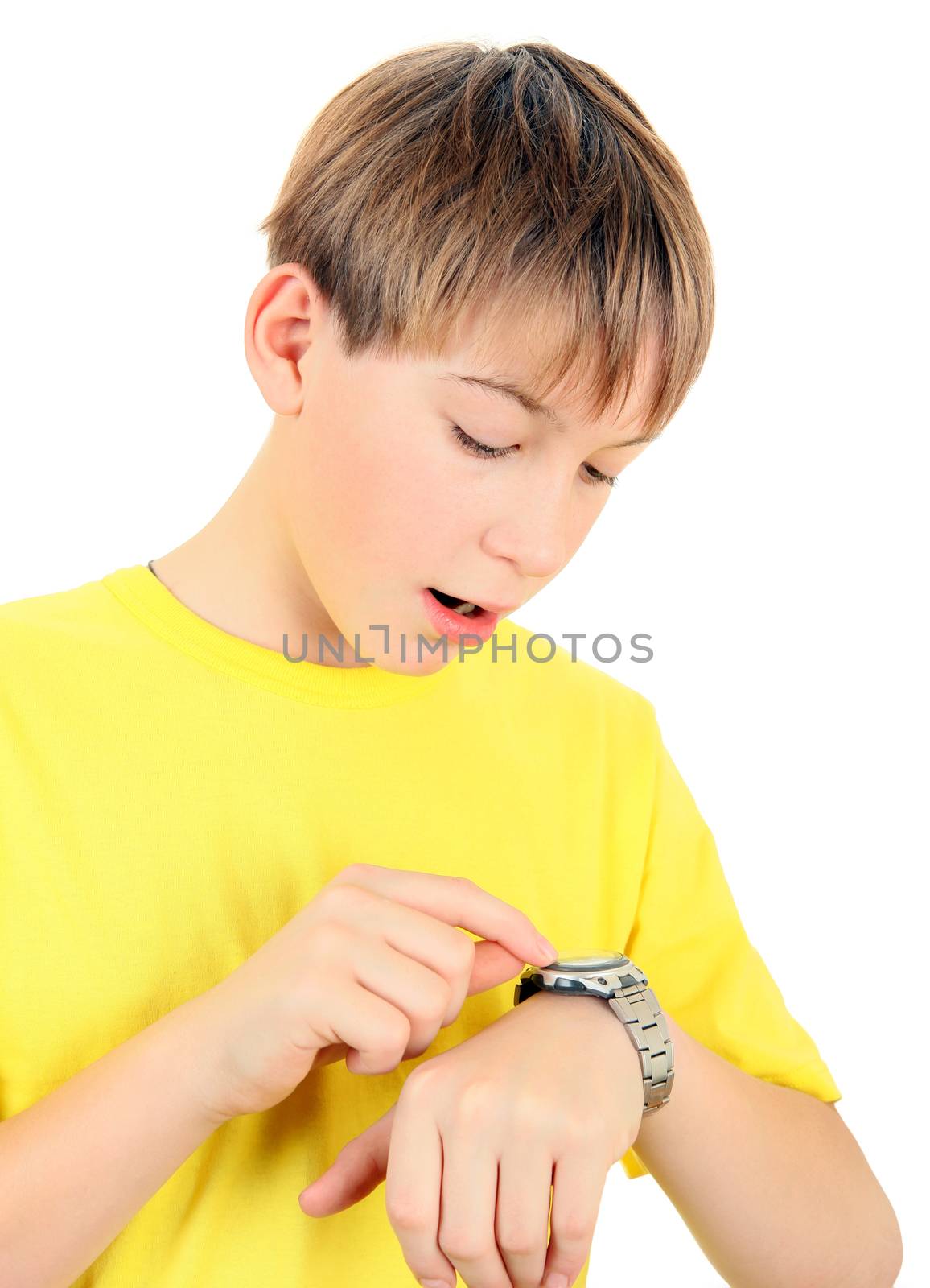 Surprised Kid with the Watch Isolated on the White Background