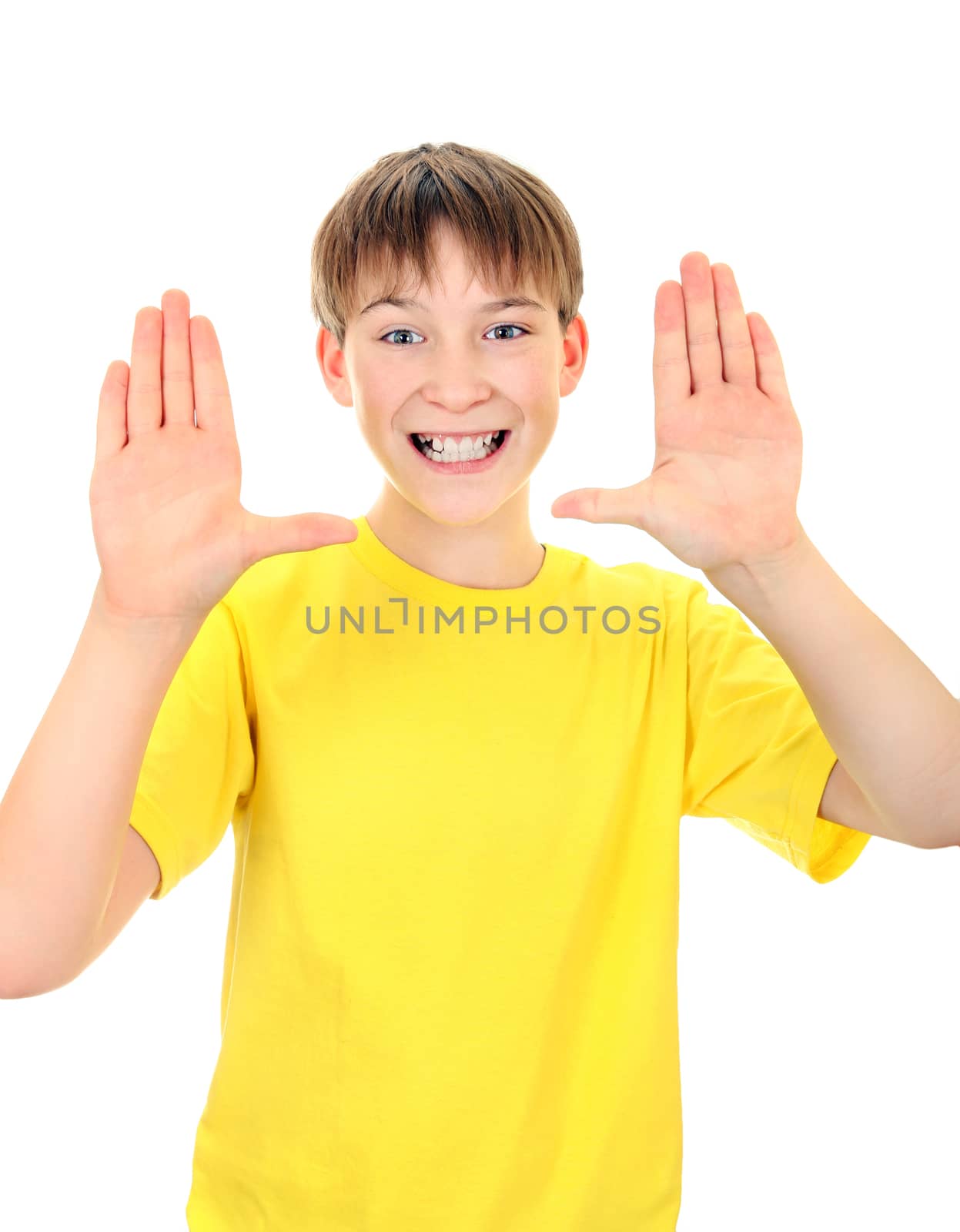 Cheerful Kid show the Palms on the White Background