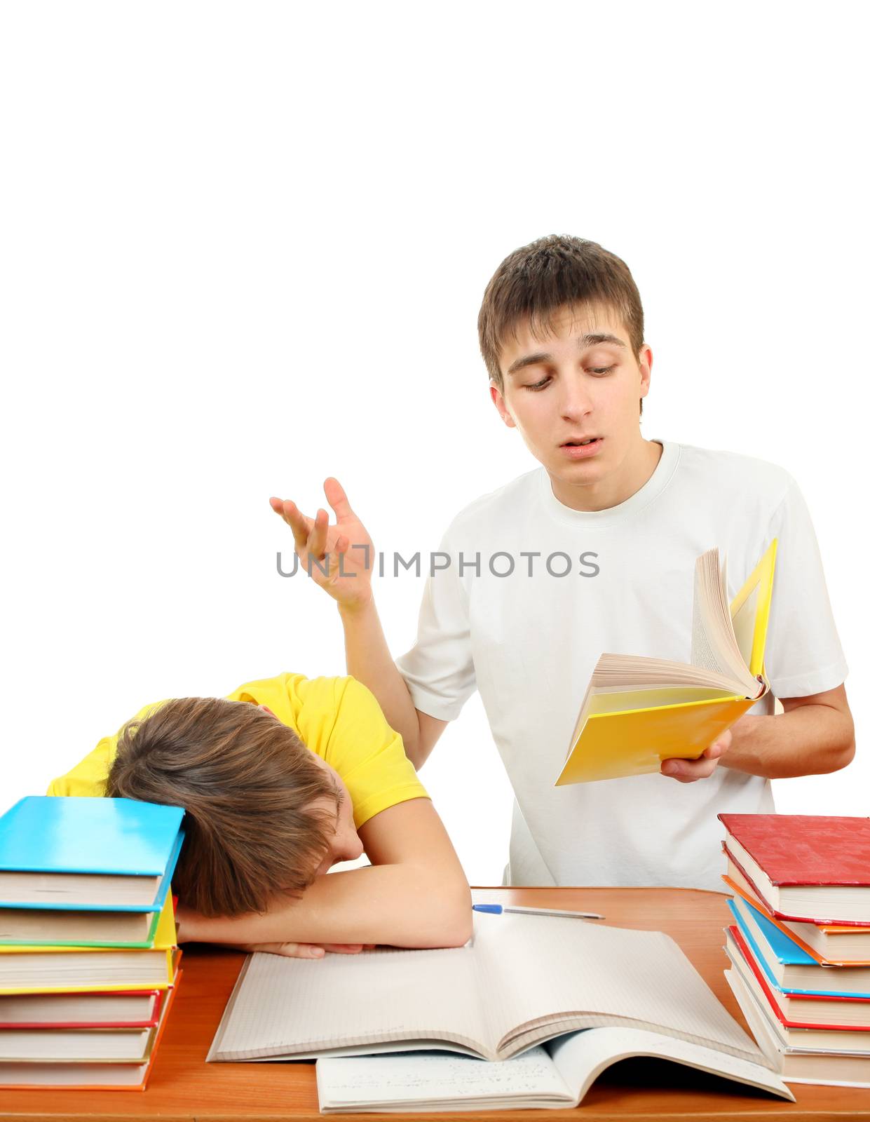 Older Brother and Bored Little Brother doing Homework on the White Background