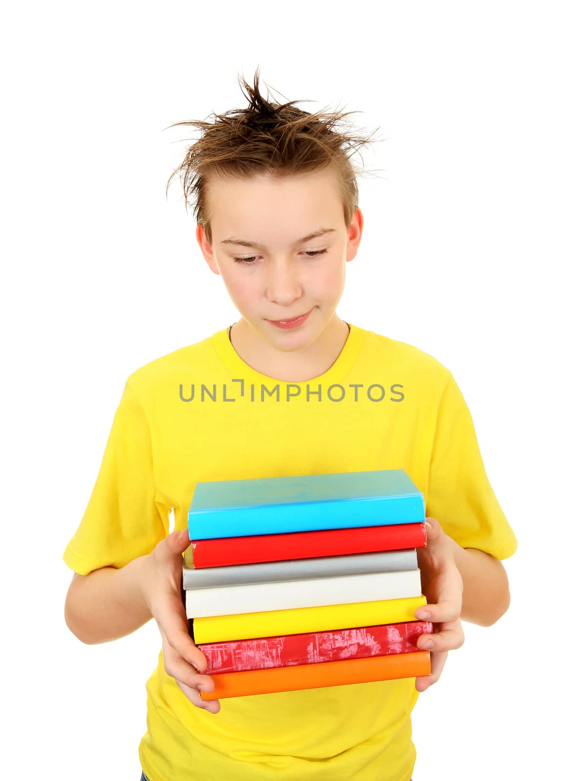 Sad and Tired Schoolboy with the Books on the White Background