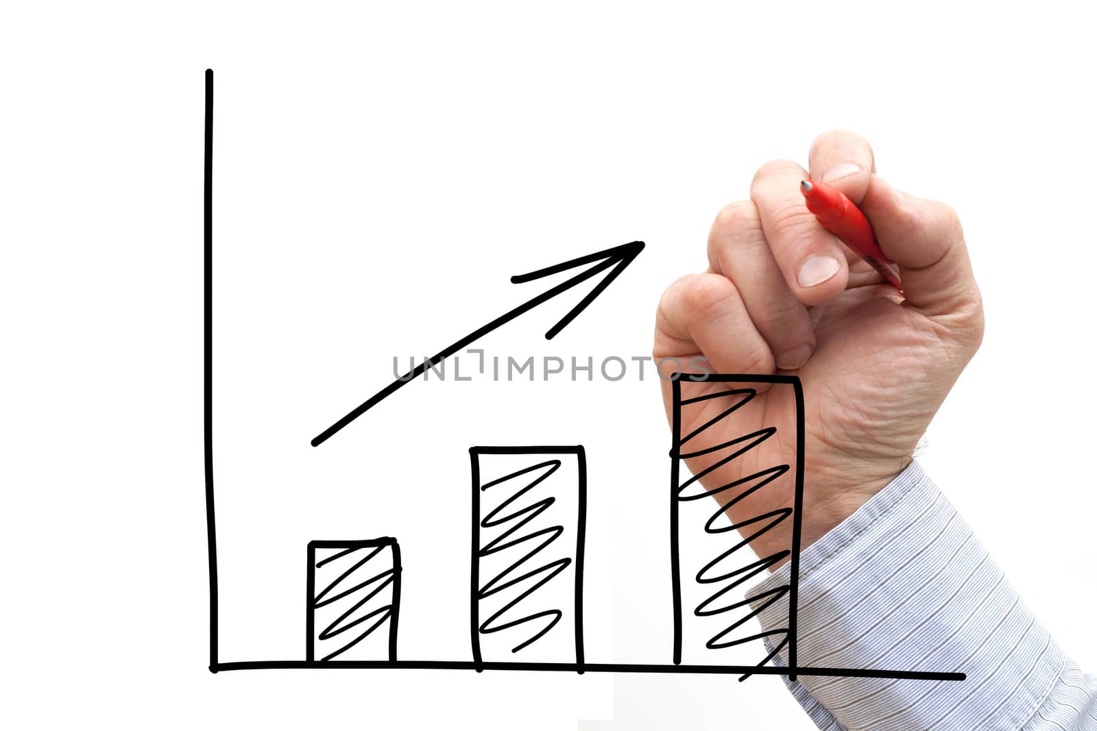 Businessman drawing a rising arrow over a bar graph by head-off