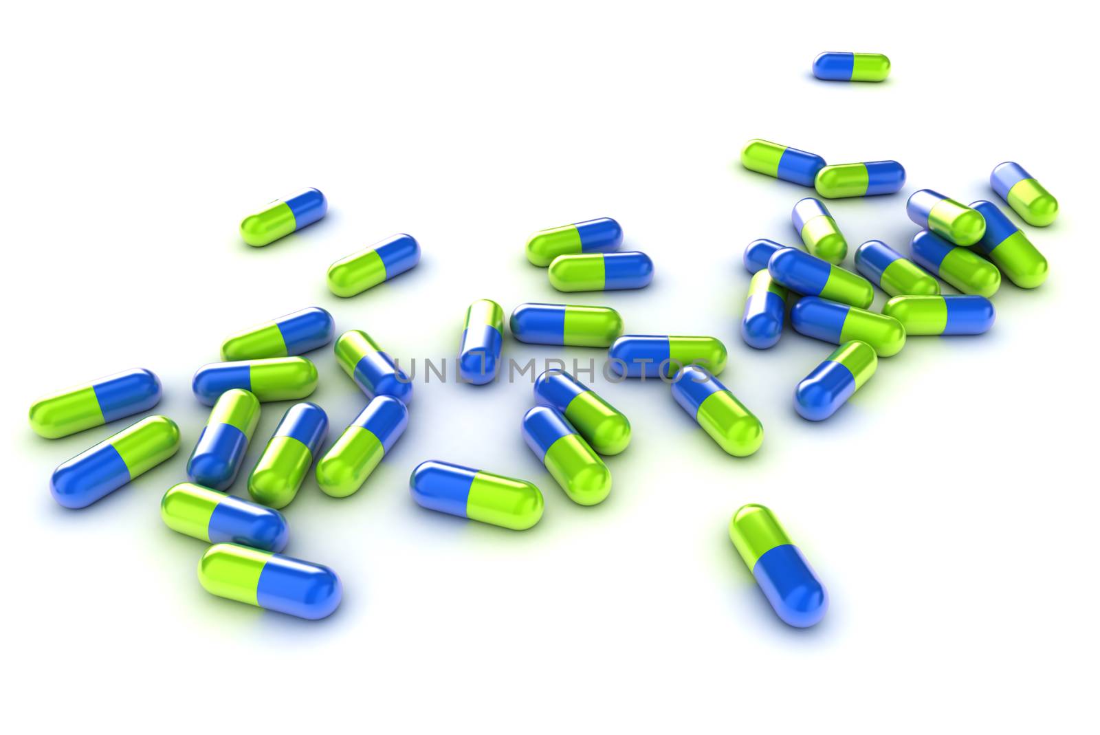 An Illustration of a Group of Green and Blue Medical Pills on a white background