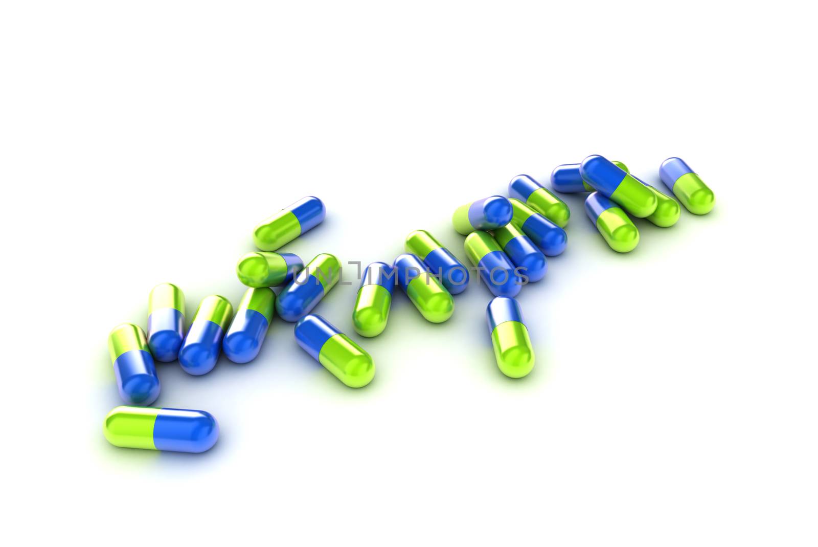 An Illustration of a Group of Green and Blue Medical Pills on a white background