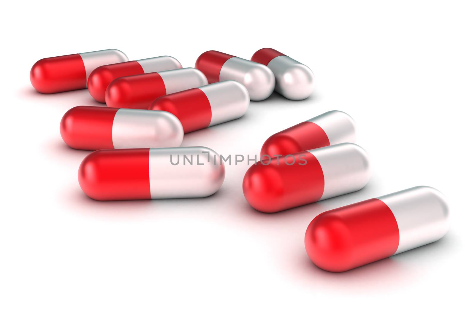 A Group of Medical Pills on a white background by head-off