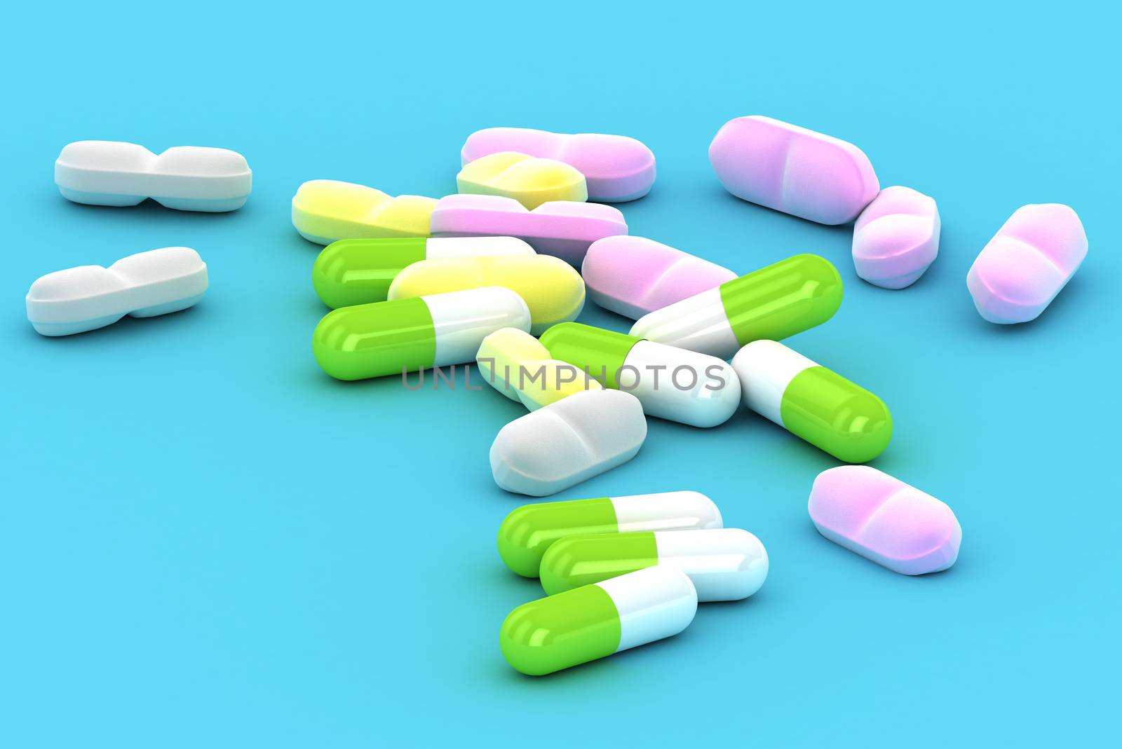 A Group of Medical Pills on a blue background by head-off
