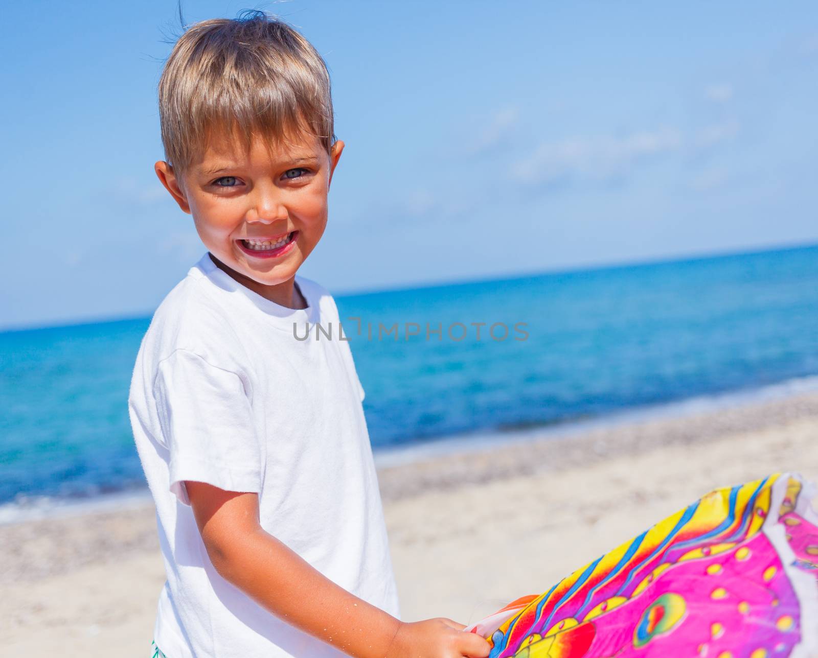 Summer vacation - Portrait of cute boy flying kite beach outdoor.