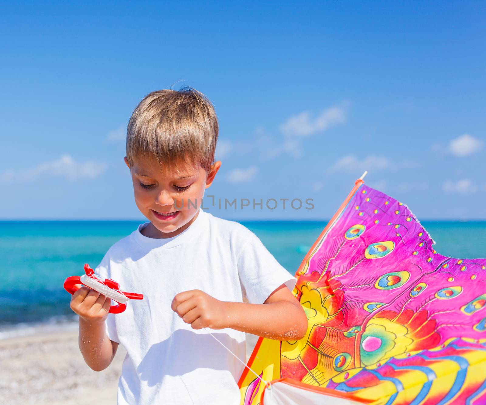 Summer vacation - Portrait of cute boy flying kite beach outdoor.